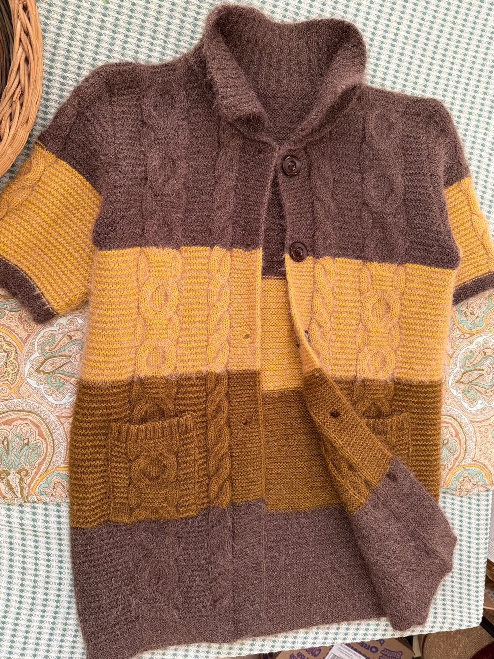 VTG Colorblock Cable Knit Short Sleeve Cardigan Brown Mustard Cottagecore Large - Picture 1 of 16